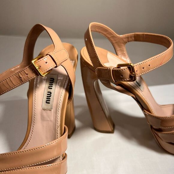 Miu Miu Vernice Block Heel Platform Sandals Size 37 1/2 Tan Nude - Picture 10 of 15